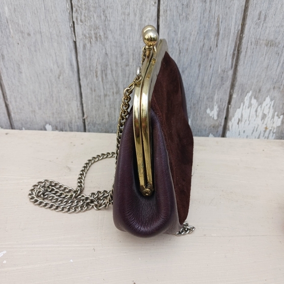 Vintage Brown Leather Gold Kiss Lock  Purse With Silver Chain Mini - Picture 8 of 10